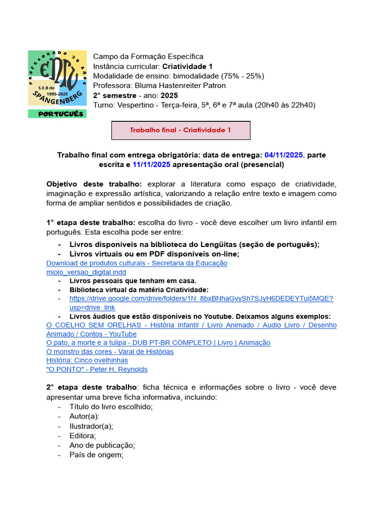 Trabalho Final de Criatividade 2 - Semestre 2025 | PDF | Livros ...