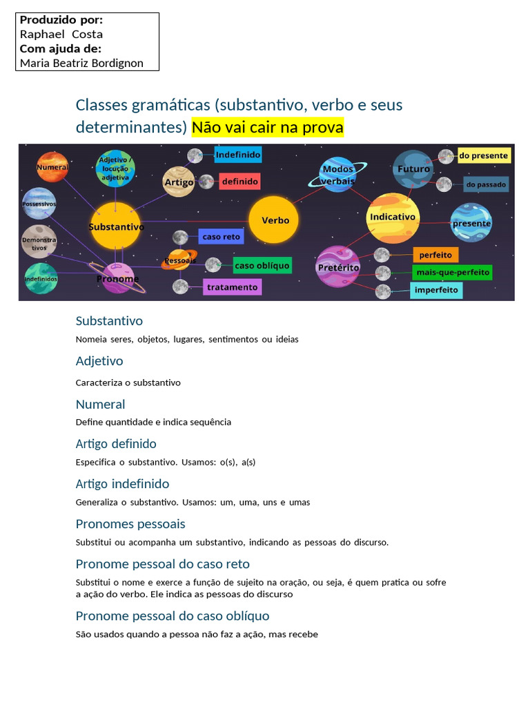 Classes Gramaticais: Substantivos e Verbos | PDF | Pronome | Tipologia ...