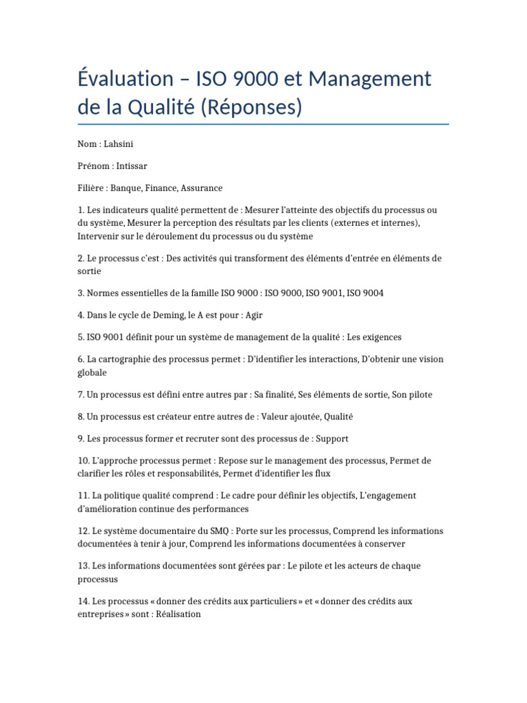 Évaluation ISO 9000 et Management Qualité | PDF