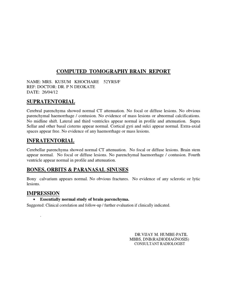 Normal CT Brain Report for Khochar | PDF