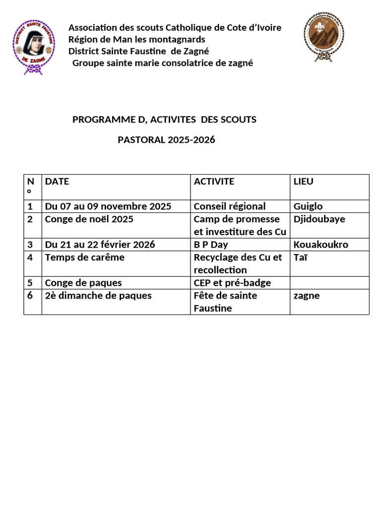 Programme d'activités scouts 2025-2026 | PDF