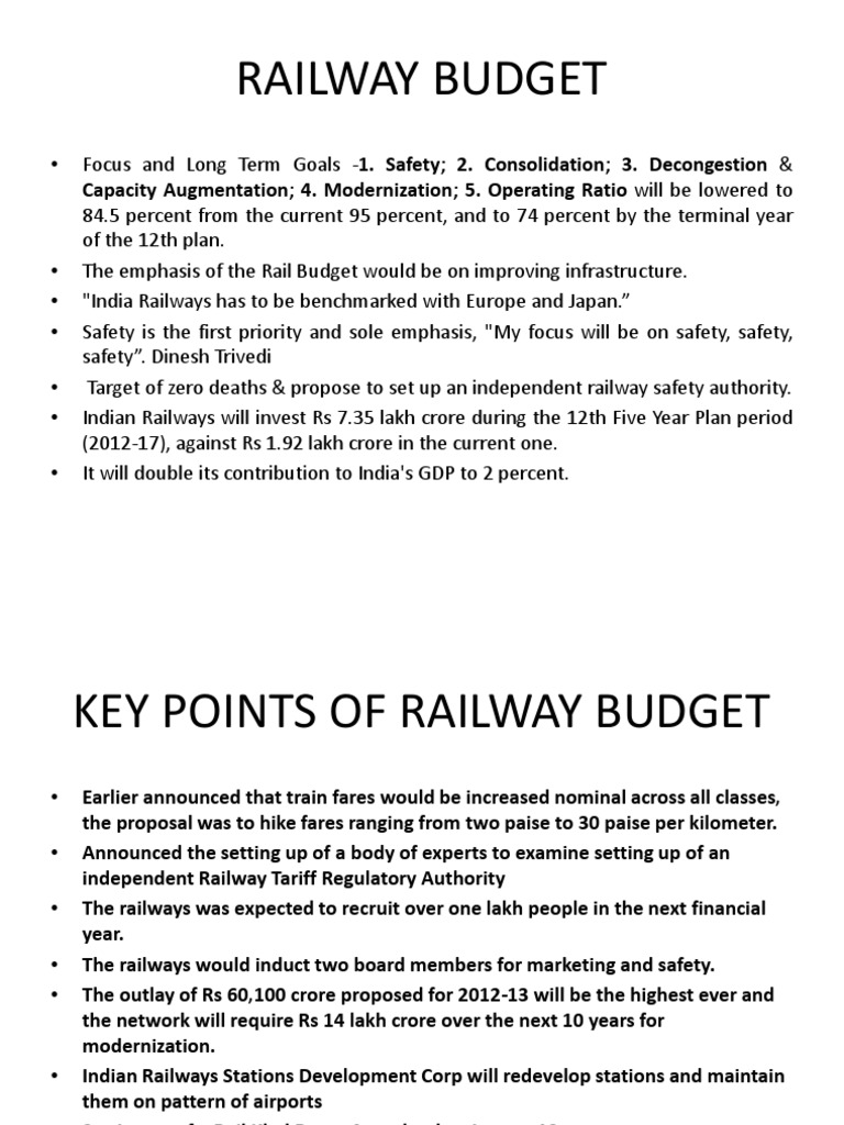 Railway Budget Capacity Augmentation 4. Modernization 5. Operating