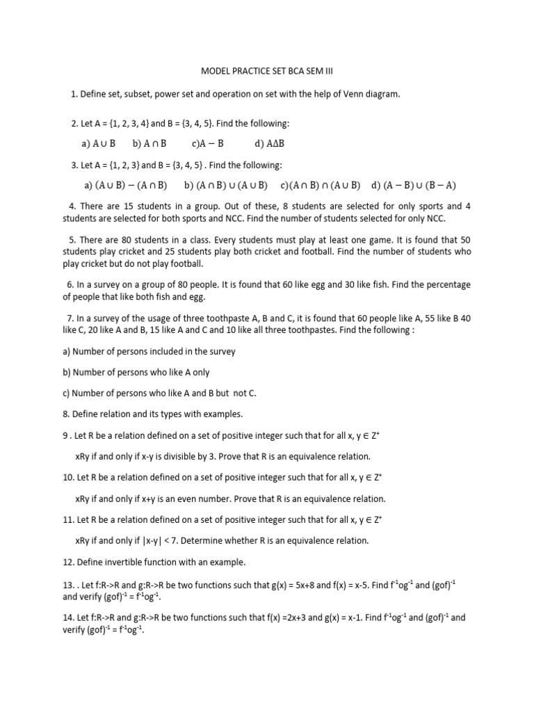 Set Theory and Functions Practice BCA | PDF | Vertex (Graph Theory ...