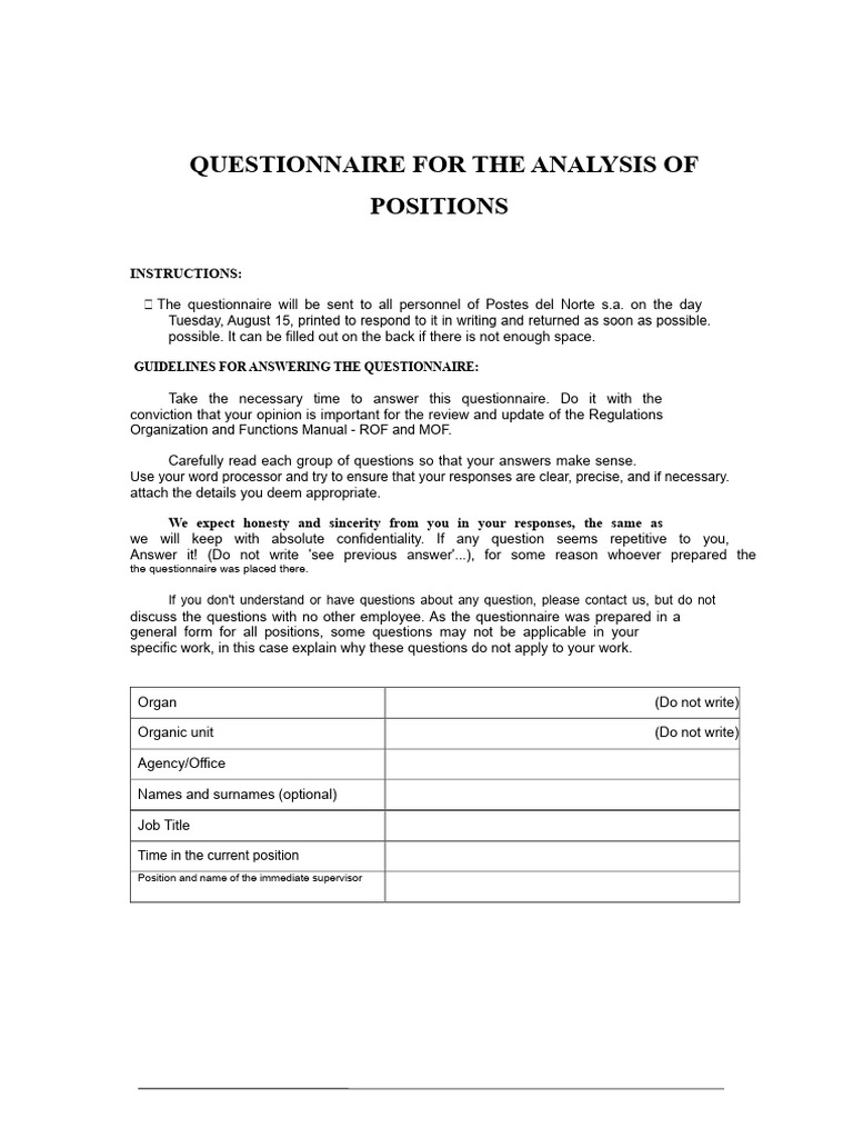 Job Position Analysis Questionnaire | PDF | Questionnaire | Leadership
