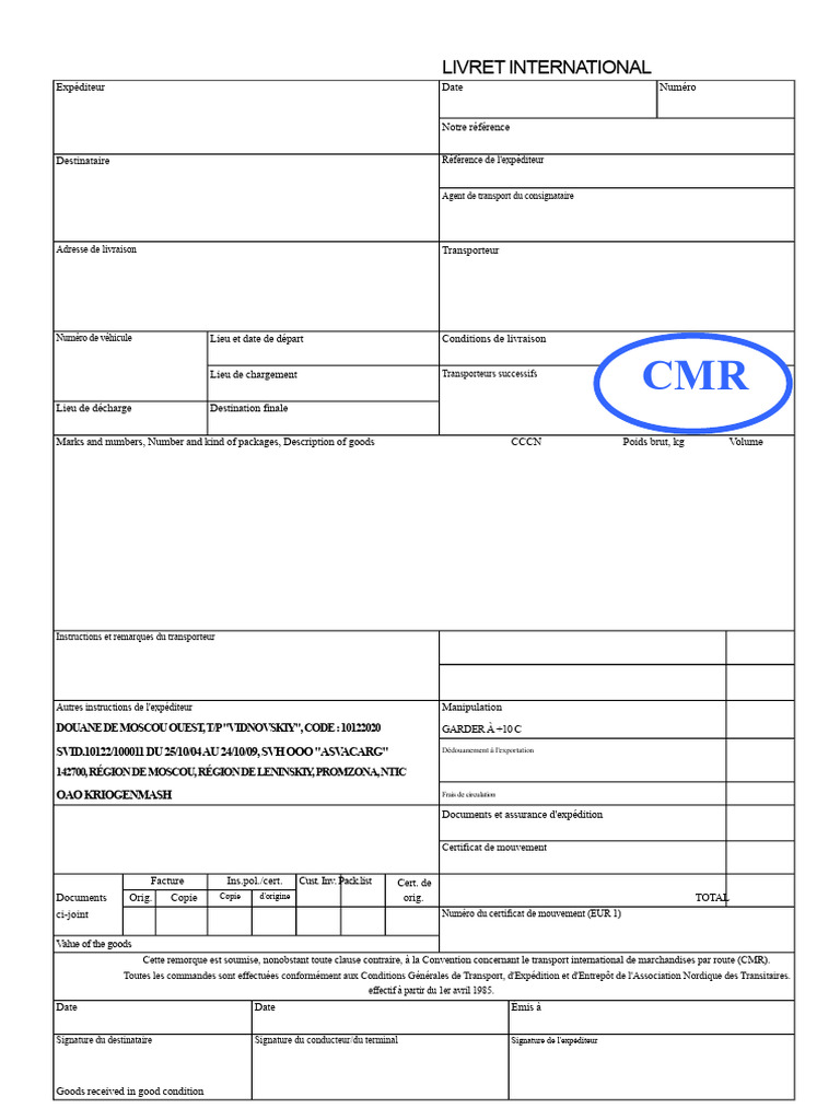Livret International de Transport CMR | PDF | Transport | Logistique