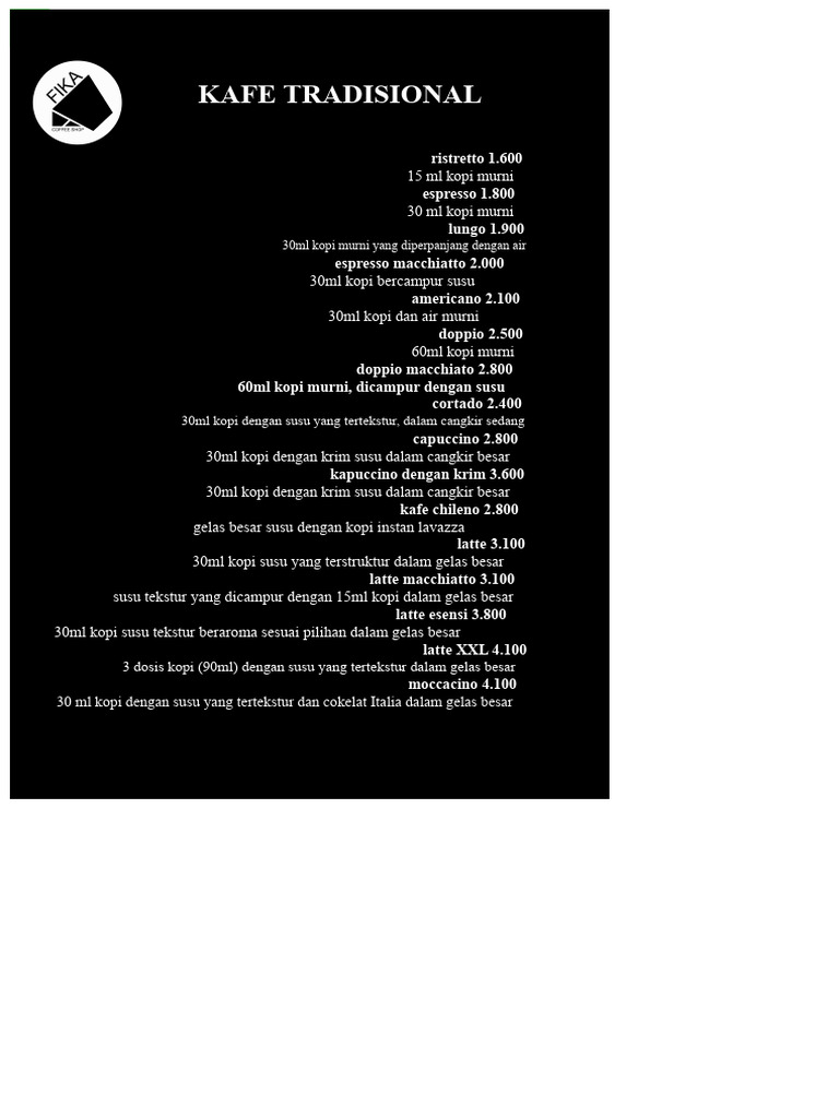 Menu Kafe Tradisional Lengkap | PDF