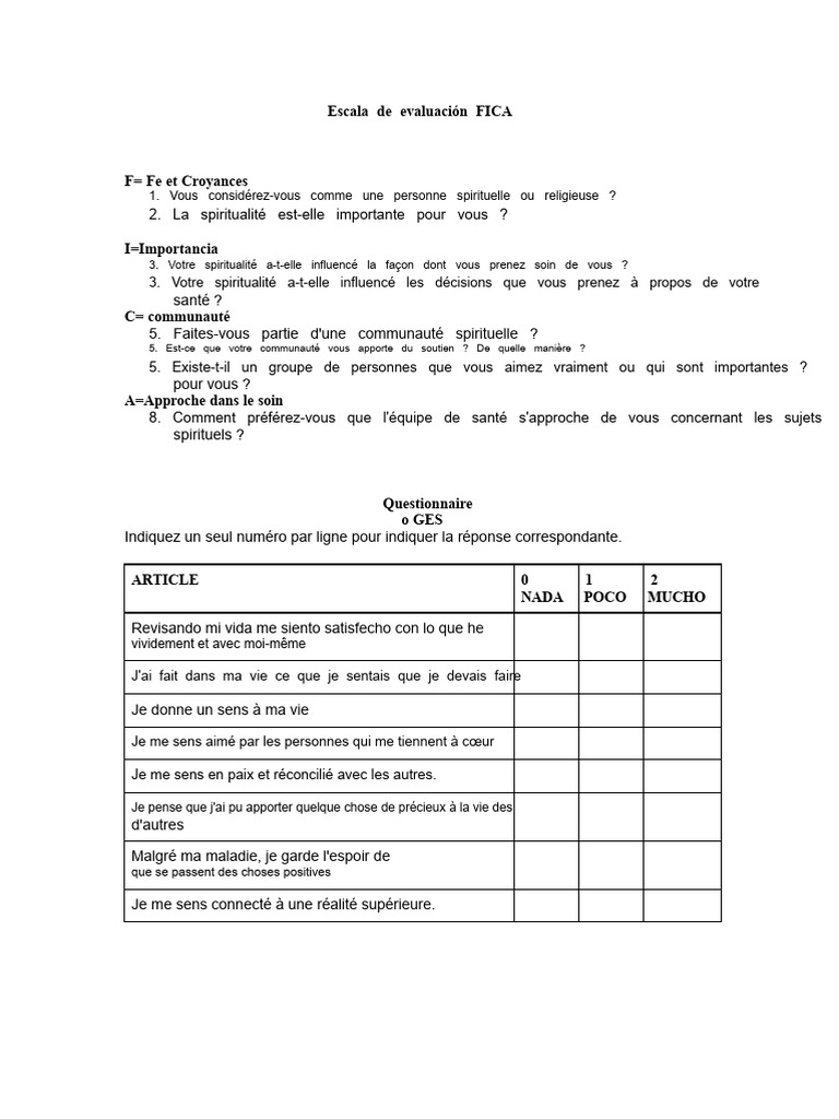 Évaluation spirituelle FICA : Questionnaire | PDF