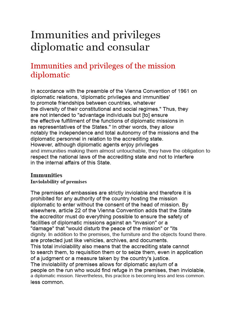 Diplomatic and Consular Immunities Explained | PDF | Diplomatic Mission ...