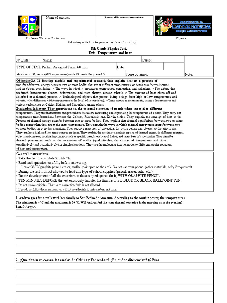 03 Physical Test Heat and Temperature 8th Grade PDF | PDF | Temperature ...
