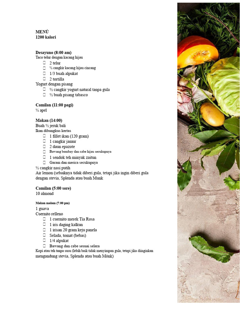 Rencana Menu Sehat 1200 Kalori Sehari | PDF