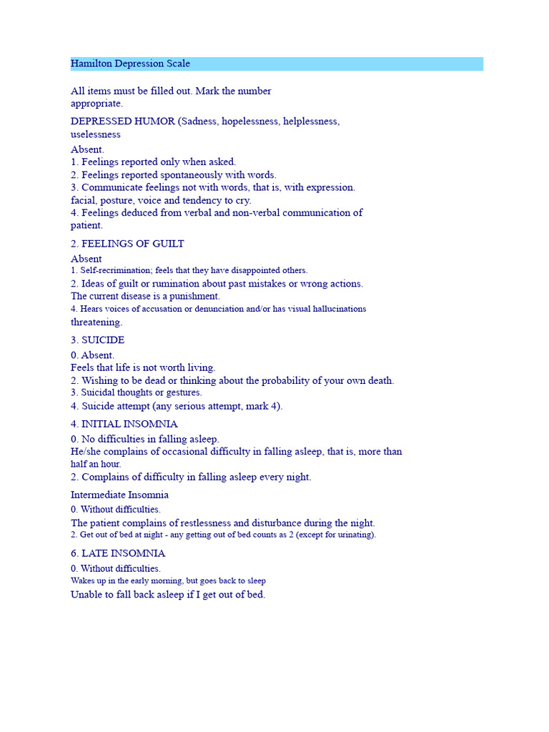HAM-D - Hamilton Depression Rating Scale | PDF | Diseases And Disorders ...