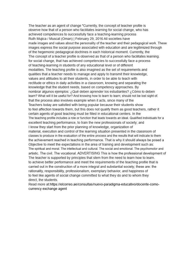 The Teacher As An Agent of Change | PDF | Teachers | Knowledge