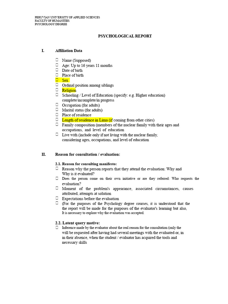 Psychological Report Template | PDF | Psychology | Evaluation