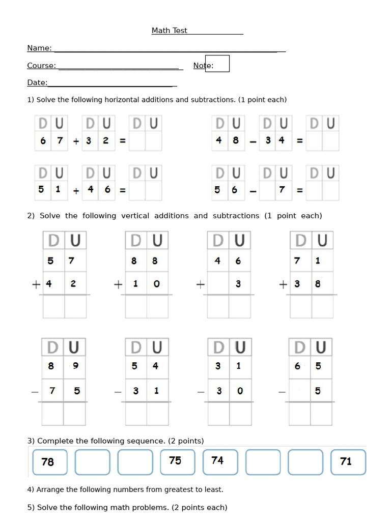 Math Test: Addition, Subtraction & Sequences | PDF