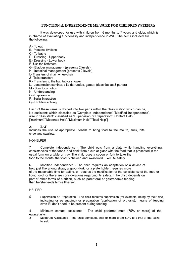 WEEFIM: Child Functional Independence Assessment | PDF | Urinary ...