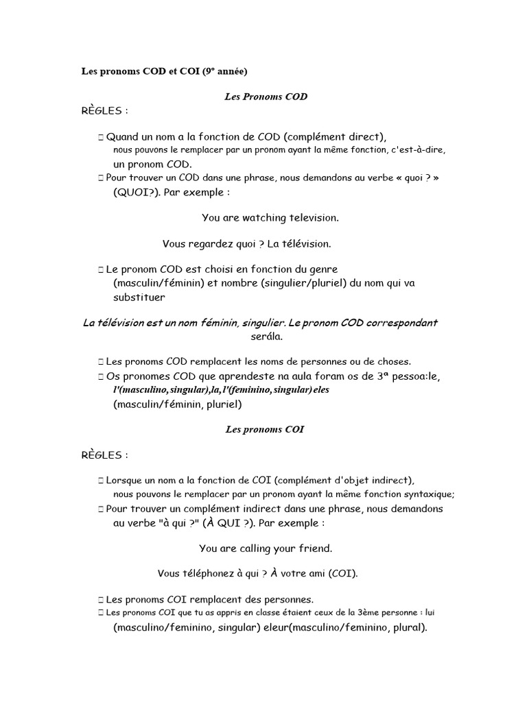 Pronoms COD et COI en français | PDF | Complément d'objet | Verbe