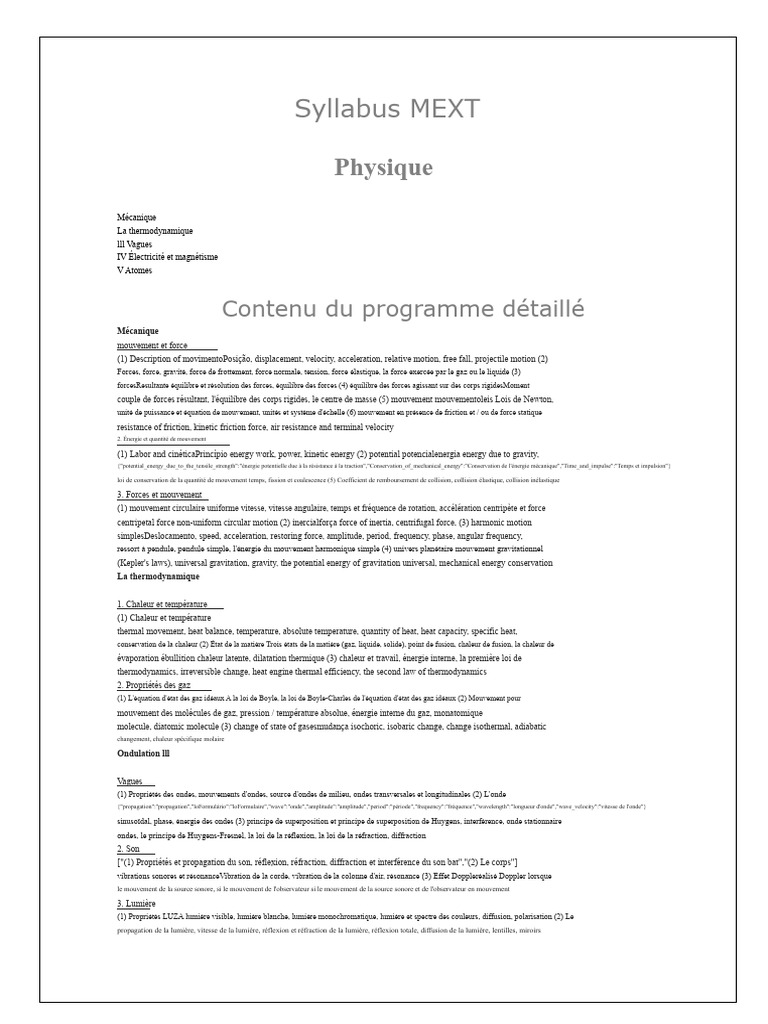 Syllabus MEXT : Physique et Concepts Clés | PDF | Électricité | Obliger