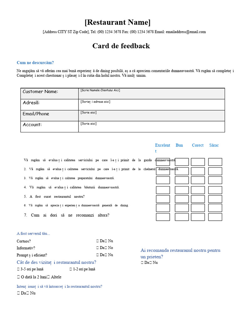 Formular de Feedback Pentru Clienți La Restaurant | PDF
