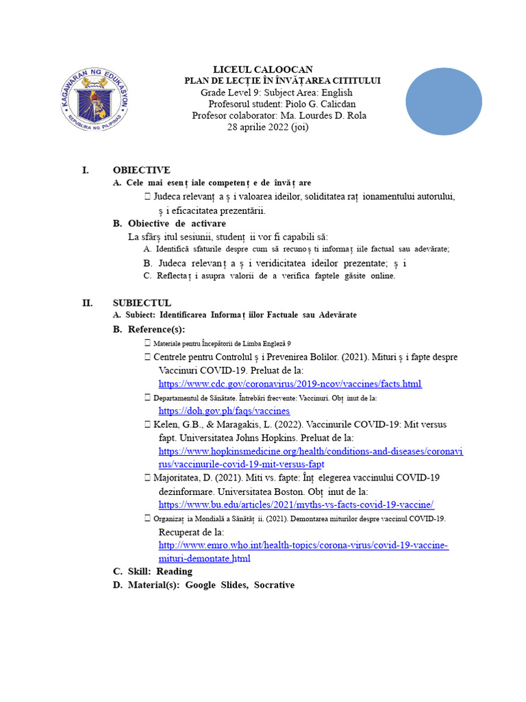 Plan de Lectie Detailed | PDF