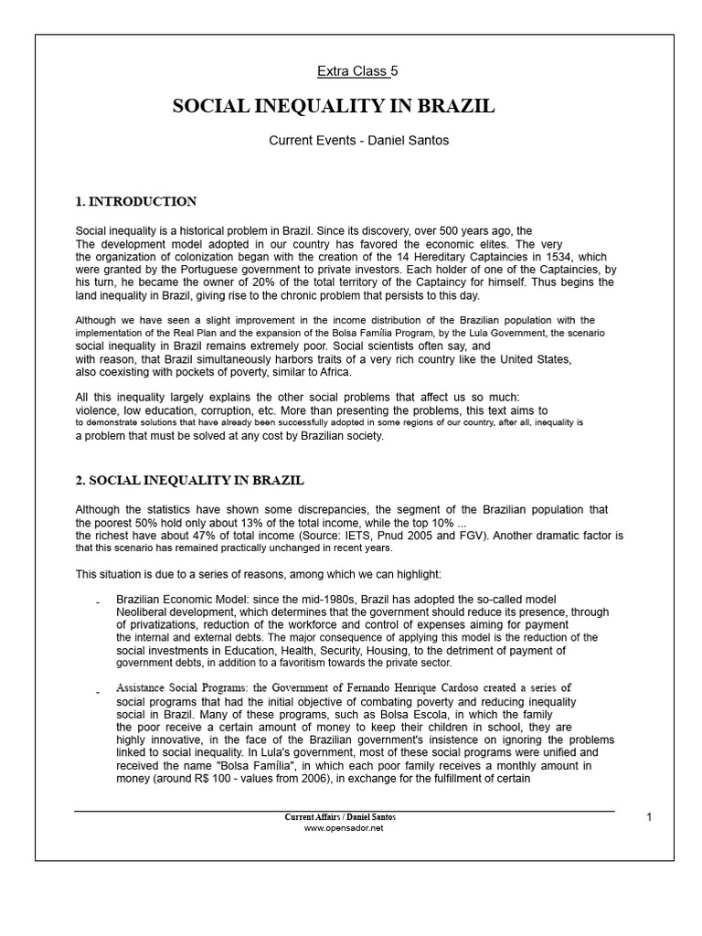 Social Inequality in Brazil: Causes & Solutions | PDF | Economic ...