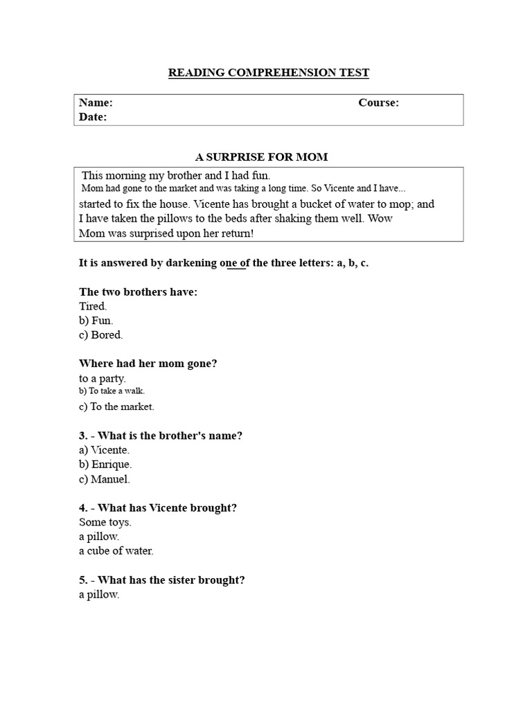 Reading Comprehension Test for Kids | PDF