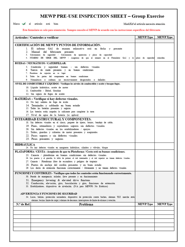 Inspección Pre-uso de MEWP: Guía Completa | PDF | Coche | Vehículos ...