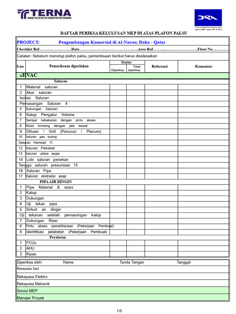 Checklist MEP untuk Plafon Palsu Doha | PDF