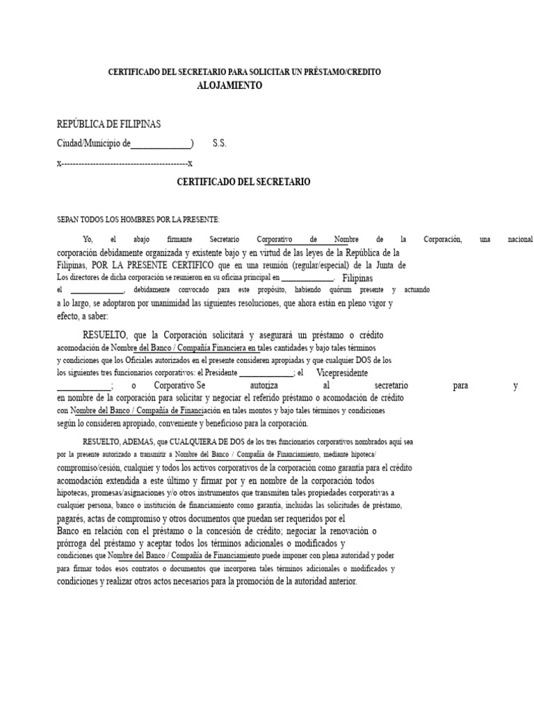 Certificado Del Secretario para Solicitar Un Préstamo o Acomodo de ...