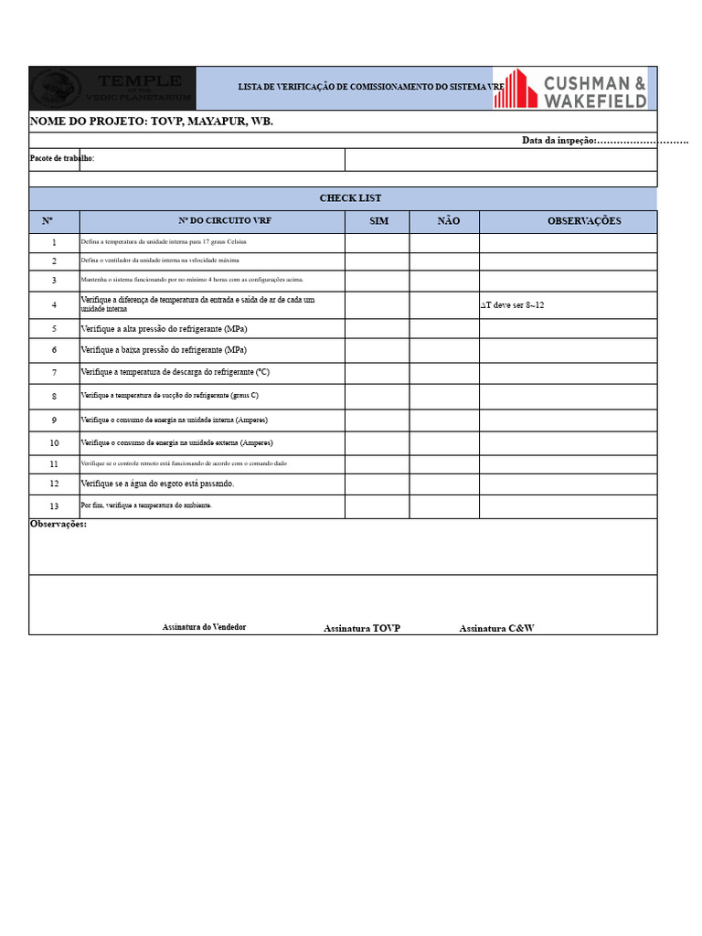 Checklist de Comissionamento VRF TOVP | PDF