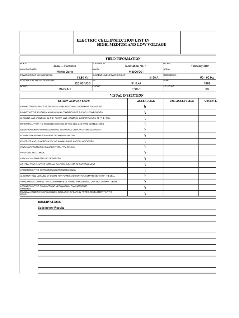 Electric Cell Inspection Checklist | PDF | Electrical Wiring | Power ...