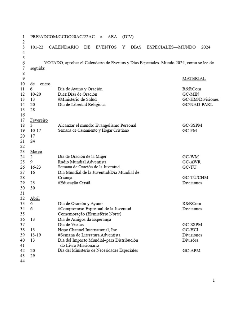 Calendario de Eventos y Días Especiales - 2024 | PDF | Iglesia ...