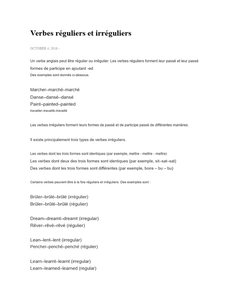 Verbes réguliers et irréguliers en anglais | PDF | Grammaire ...