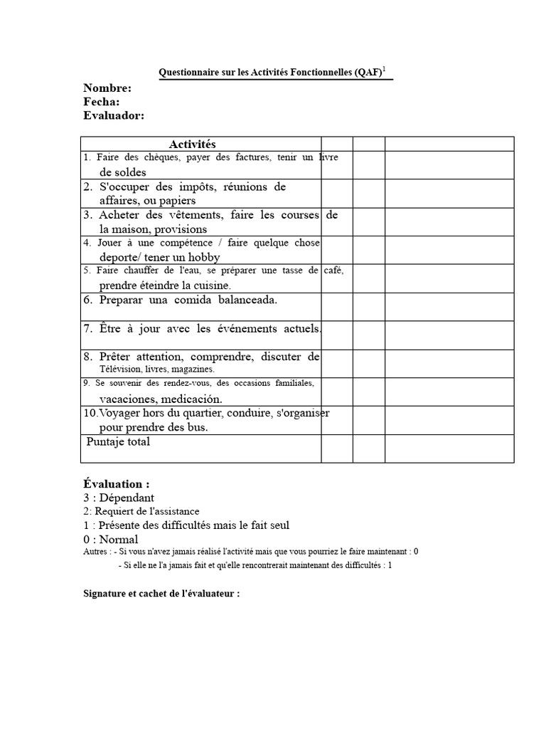 Questionnaire sur les Activités Fonctionnelles | PDF