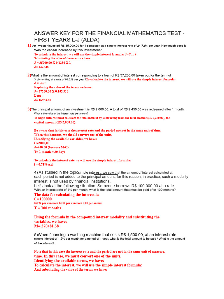 Financial Mathematics Test Answer Key | PDF | Interest | Interest Rates