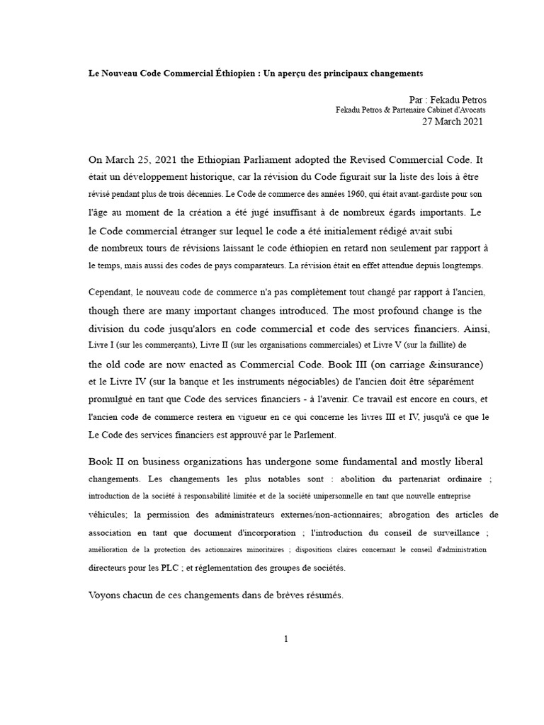 Réforme du Code Commercial Éthiopien | PDF | Actionnaire | Conseil d ...