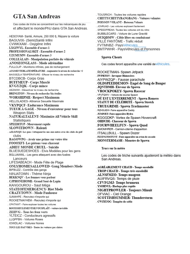 Codes de triche GTA San Andreas | PDF | Triche dans les jeux vidéo