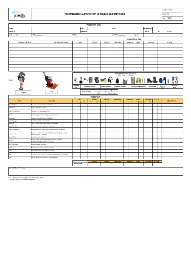 Sst-For-016 Pre-Operational Inspection of Rammer or Compactor V-001 ...