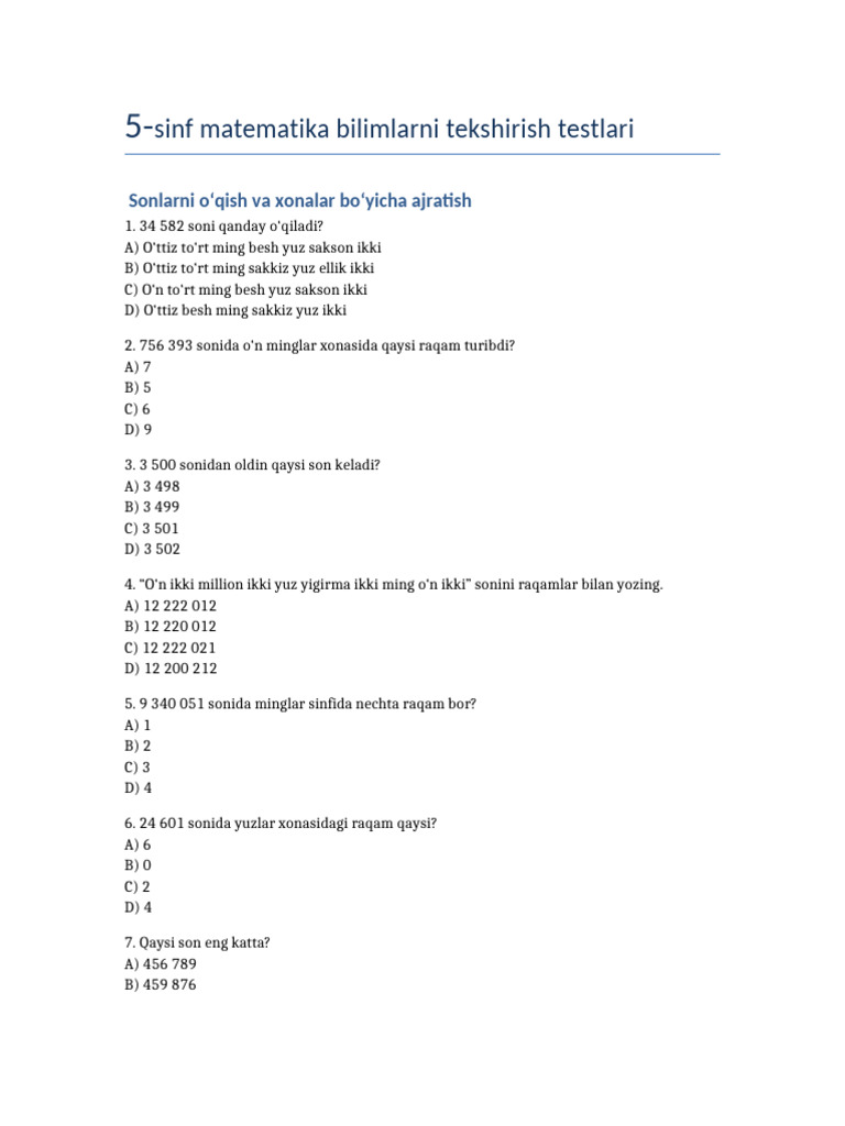 5 Sinf 3mavzu Testlar | PDF