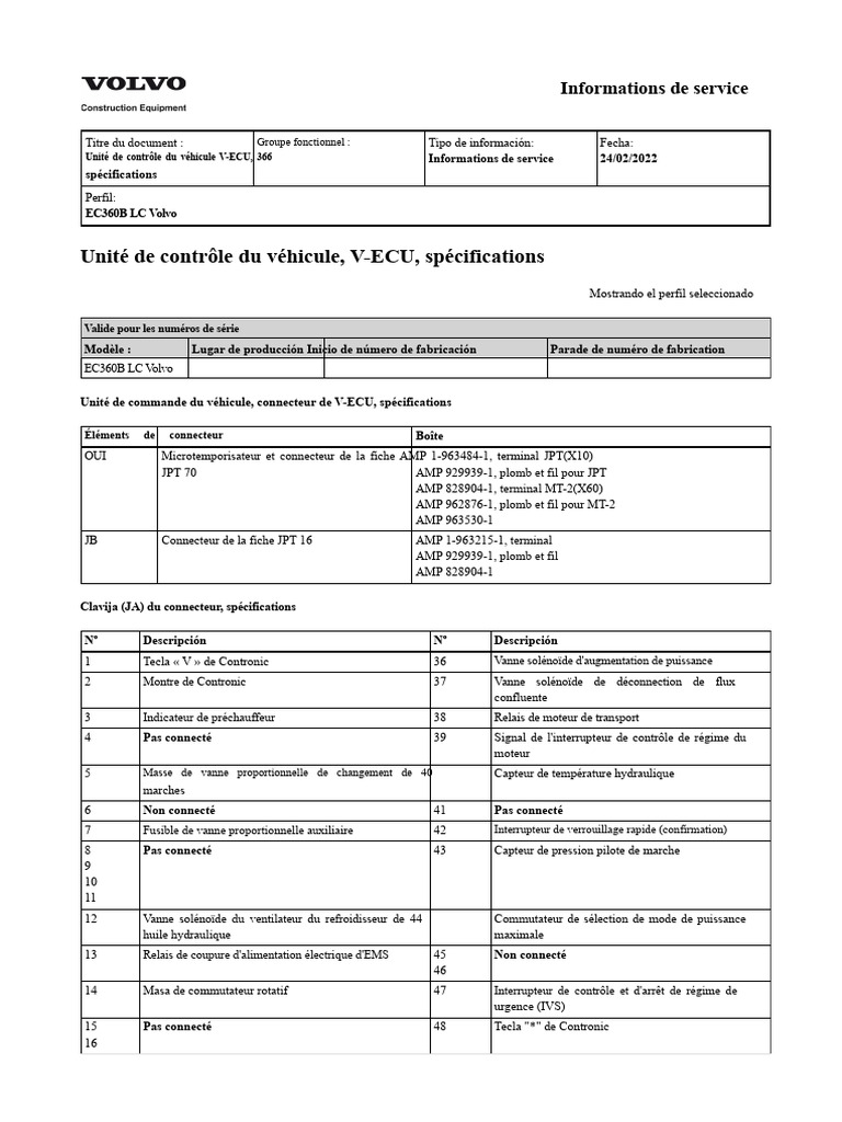 Spécifications V-ECU EC360B LC Volvo | PDF | Soupape | Interrupteur