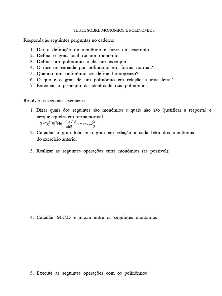 Teste Sobre Monômios e Polinômios | PDF