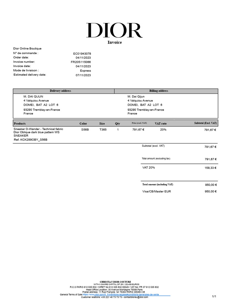 Dior Invoice for Sneaker Purchase | PDF | Invoice | Value Added Tax