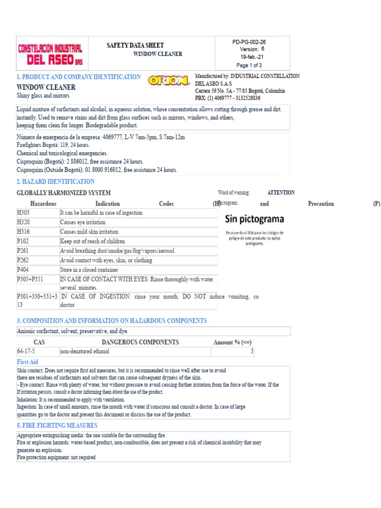 Window Cleaner Safety Data Sheet | PDF | Chemistry | Chemical Substances