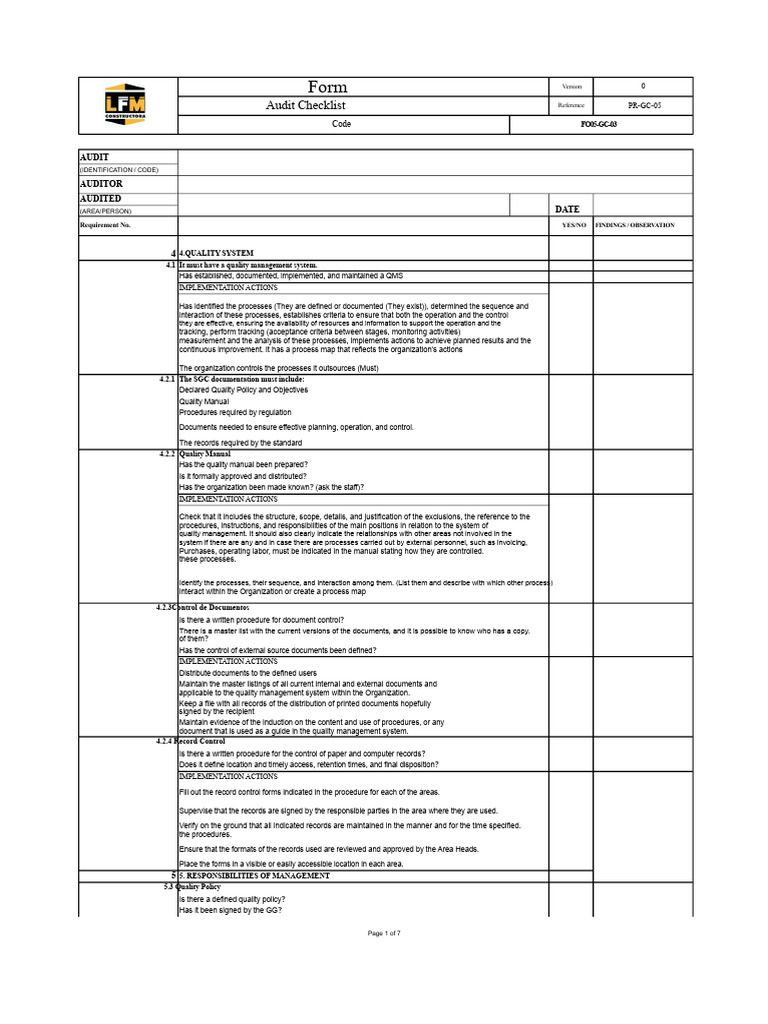 Quality Management System Audit Checklist | PDF | Audit | Calibration
