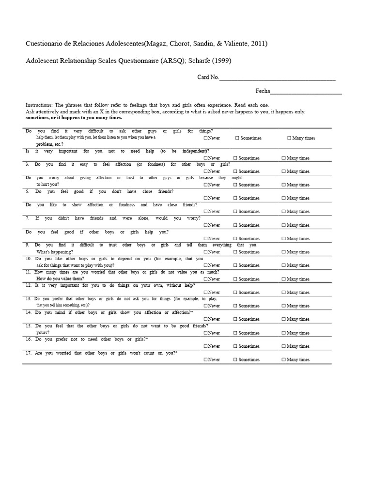 Adolescent Relationships Questionnaire | PDF | Adolescence | Questionnaire