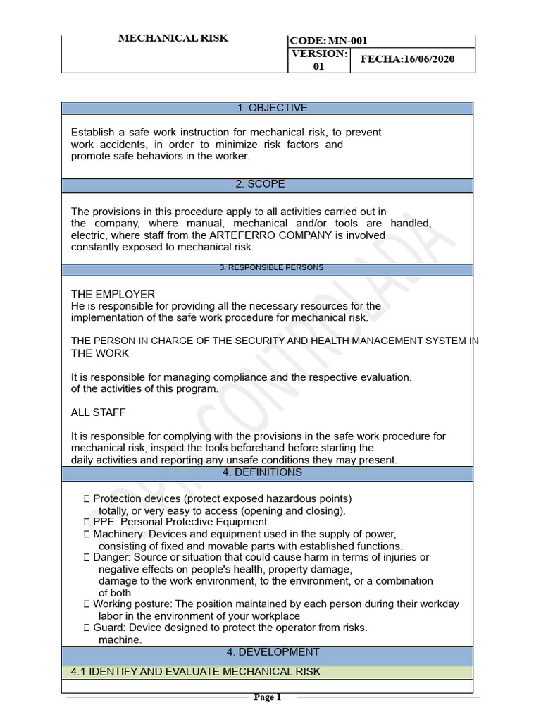 Mechanical Risk Safety Procedures | PDF | Personal Protective Equipment ...