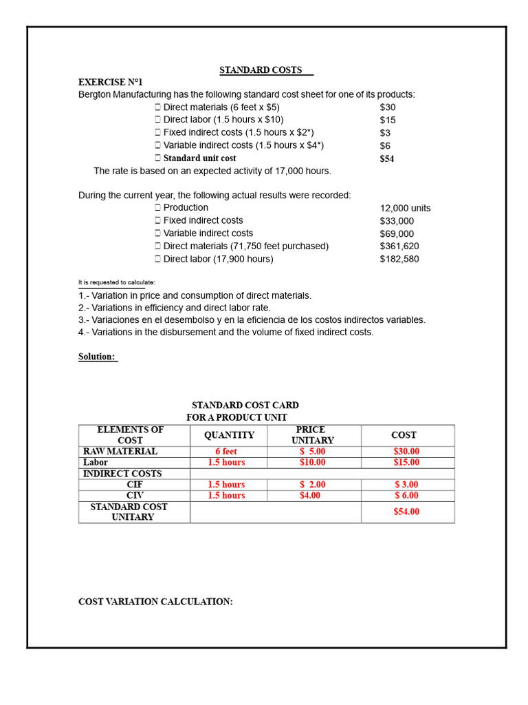 Standard Costs Exercises | PDF | Prices | Cost