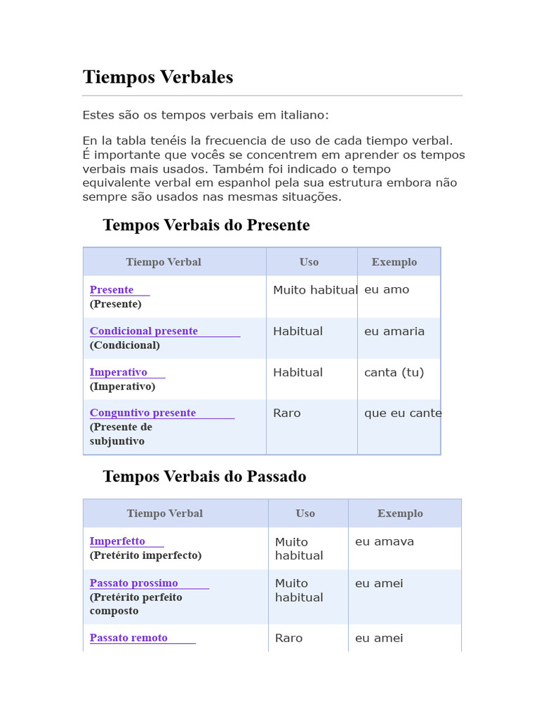 Tempos Verbais em Italiano: Guia Completo | PDF | Semântica | Tipologia ...