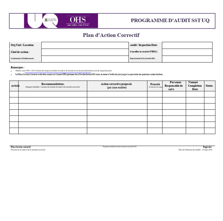 Plan d'Action Correctif SST UQ | PDF | Santé et sécurité au travail | Audit