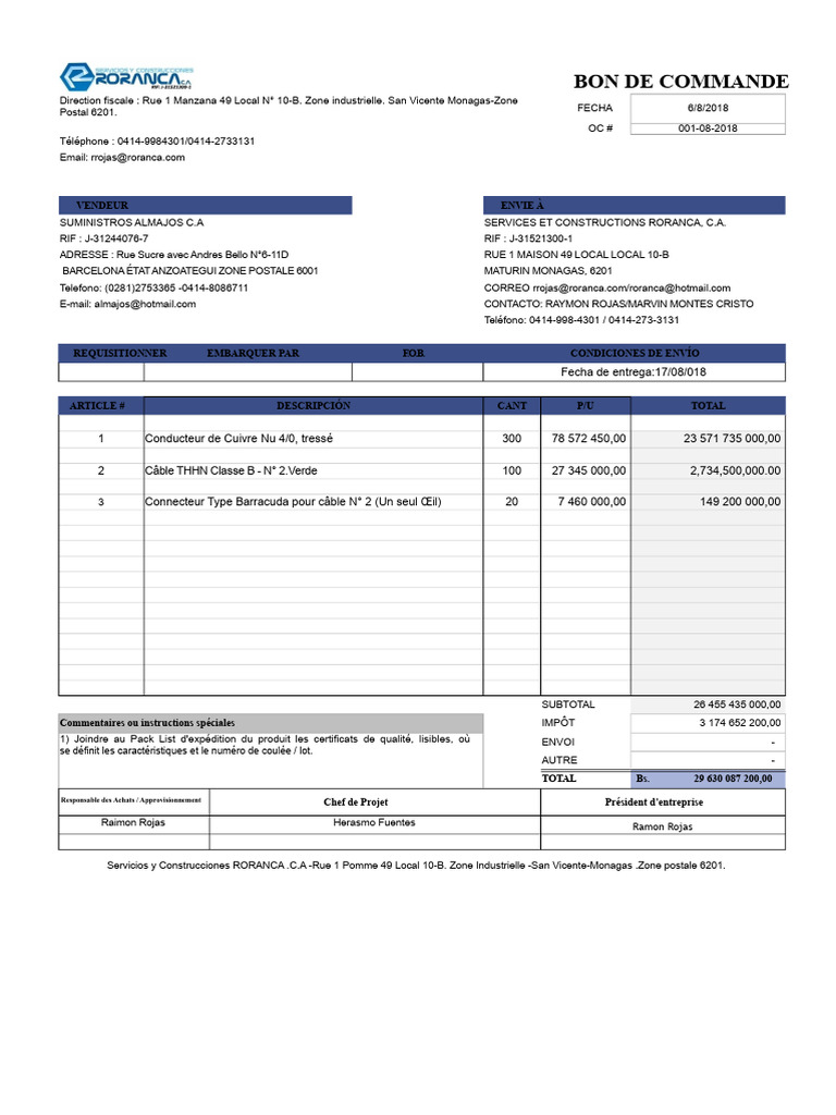 Bon de Commande de Services RORANCA | PDF