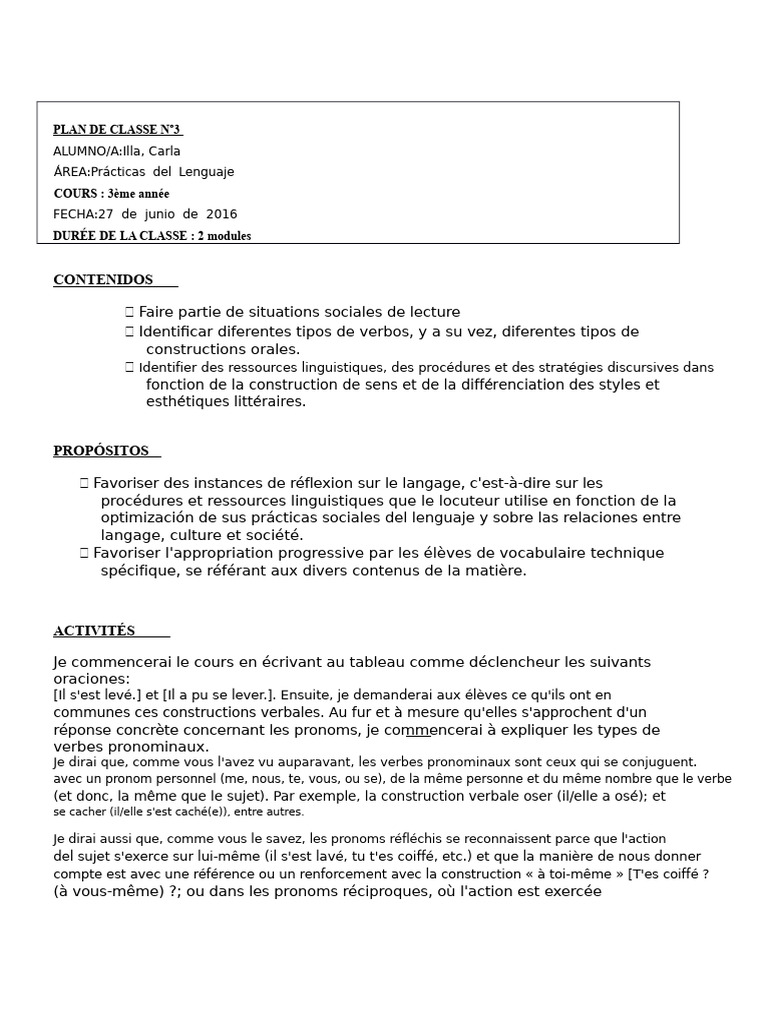 Plan de classe sur les verbes pronominaux | PDF | Sujet (Grammaire ...